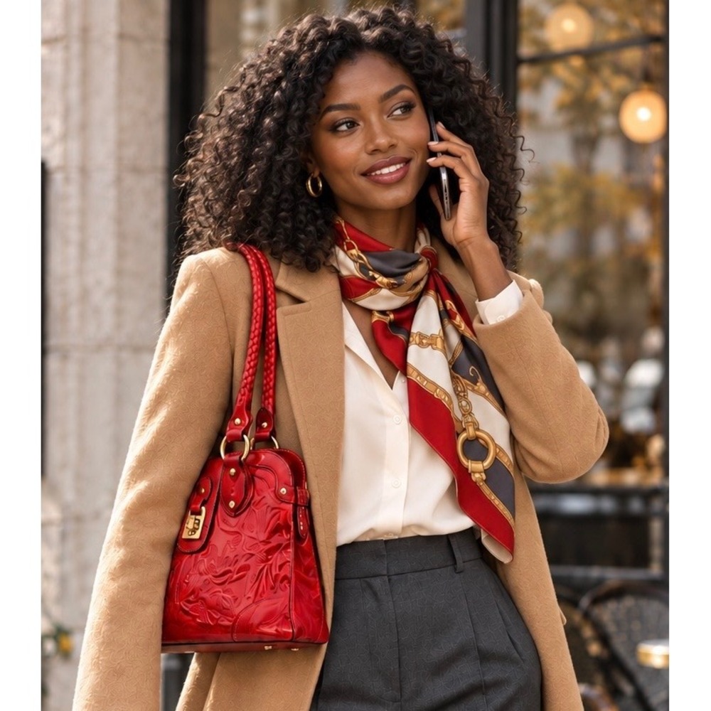 M.C. Red Floral Embossed Faux Leather Satchel Bag Braided Straps Gold Hardware